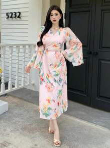 DAZY 女士印花镂空腰部喇叭袖连衣裙，秋季长袖连衣裙，度假装扮，女士复活节连衣裙，波西米亚风 - 粉色 - 查看 7