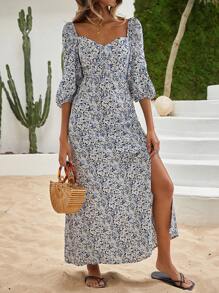 RueChic Mini In hoa Sợi viscose Đầm Trở lại Buộc Trình bày - Màu xanh lam - Xem 4