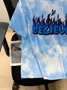 SHEIN Tween男孩休閒水洗字母印花圓領短袖鬆身針織t恤,街頭時尚 - 藍色 - 查看 5