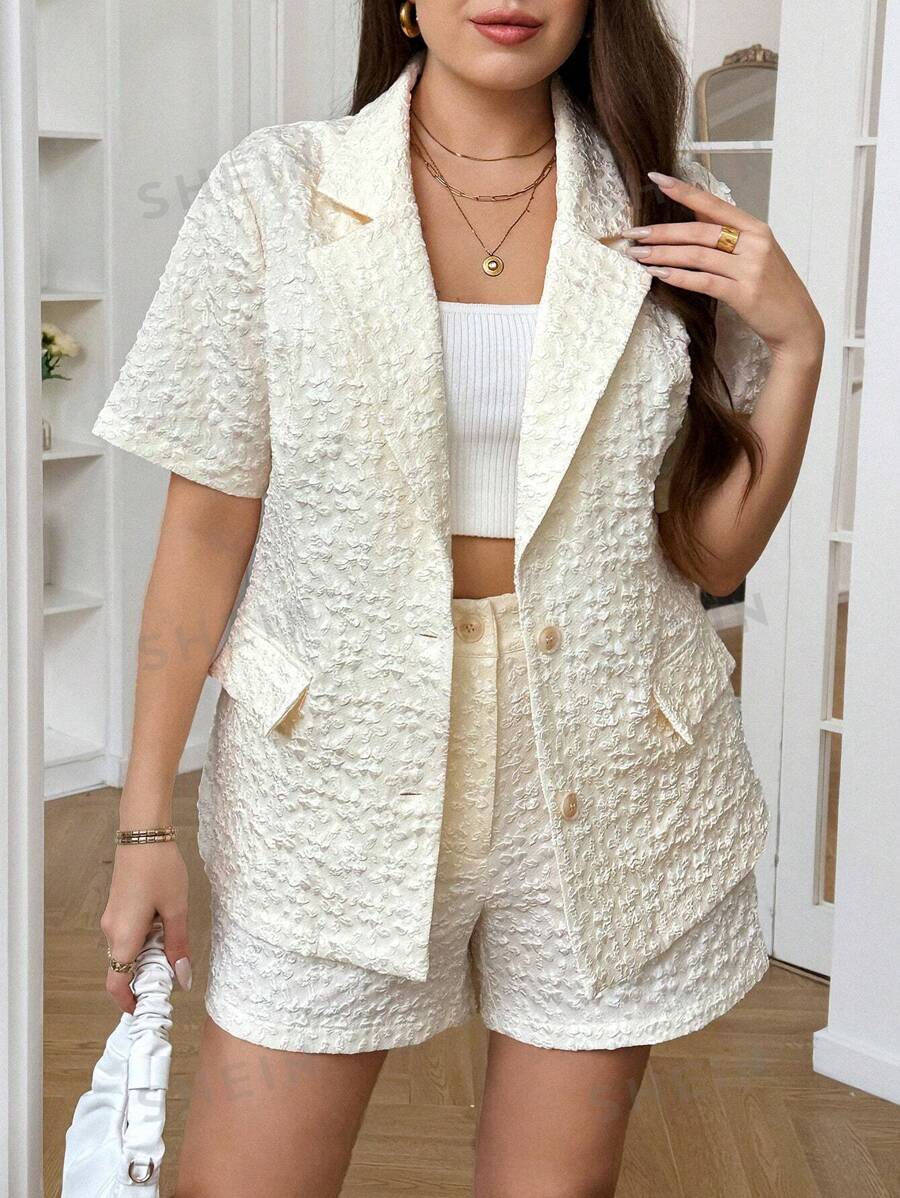 Celure Conjunto De Traje De Talla Grande Con Flor Tejida Y Cuello De Solapa
