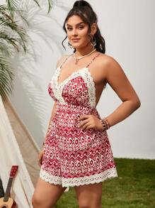 SHEIN VCAY Plus Size Vintage Printed Lace Trimmed Backless Spaghetti Strap Jumpsuit - Multicolor - View 1
