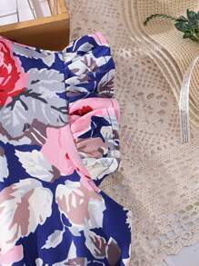SHEIN 少女花卉印花荷葉邊網眼裙擺連衣裙 - 藍色 - 查看 5