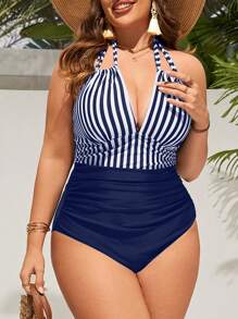 Swim Lushoire Plus Size Striped Halterneck Monokini With V-Neck, Beach Outfit Bathing Suit Summer,Summer Beach - Navy Blue - View 4
