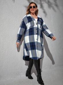 SHEIN EZwear 大码落肩长袖前开襟格子休闲宽松百搭外套 - 藍色 - 查看 5