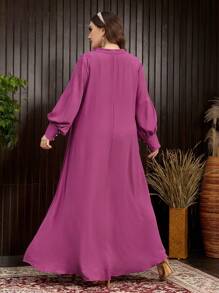 Al Najma Plus Size Gold Sticker Trim Solid Color Style Modest Long Sleeve Arabian Dresses - Hot Pink - View 2