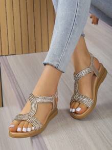 夏季舒适仙女风时尚水钻坡跟凉鞋，露趾设计，旅行必备 - 金色 - 查看 4