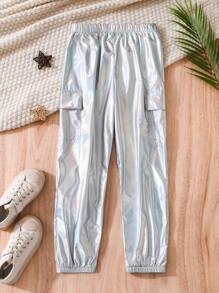 Sparklyn Quần có túi gấp kim loại dành cho các cô gái tuổi teen, hợp thời trang và sắc sảo, thiết kế kim loại, túi gấp, lưng cao và rộng rãi - Nhiều màu - Xem 2