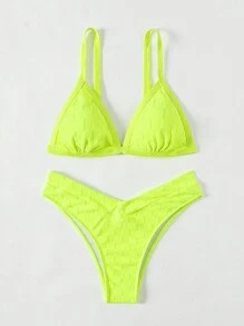夏季海滩纯色纹理霓虹比基尼套装两件套比基尼套装 - 黃色 - 查看 6