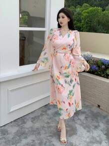DAZY 女士印花镂空腰部喇叭袖连衣裙，秋季长袖连衣裙，度假装扮，女士复活节连衣裙，波西米亚风 - 粉色 - 查看 8