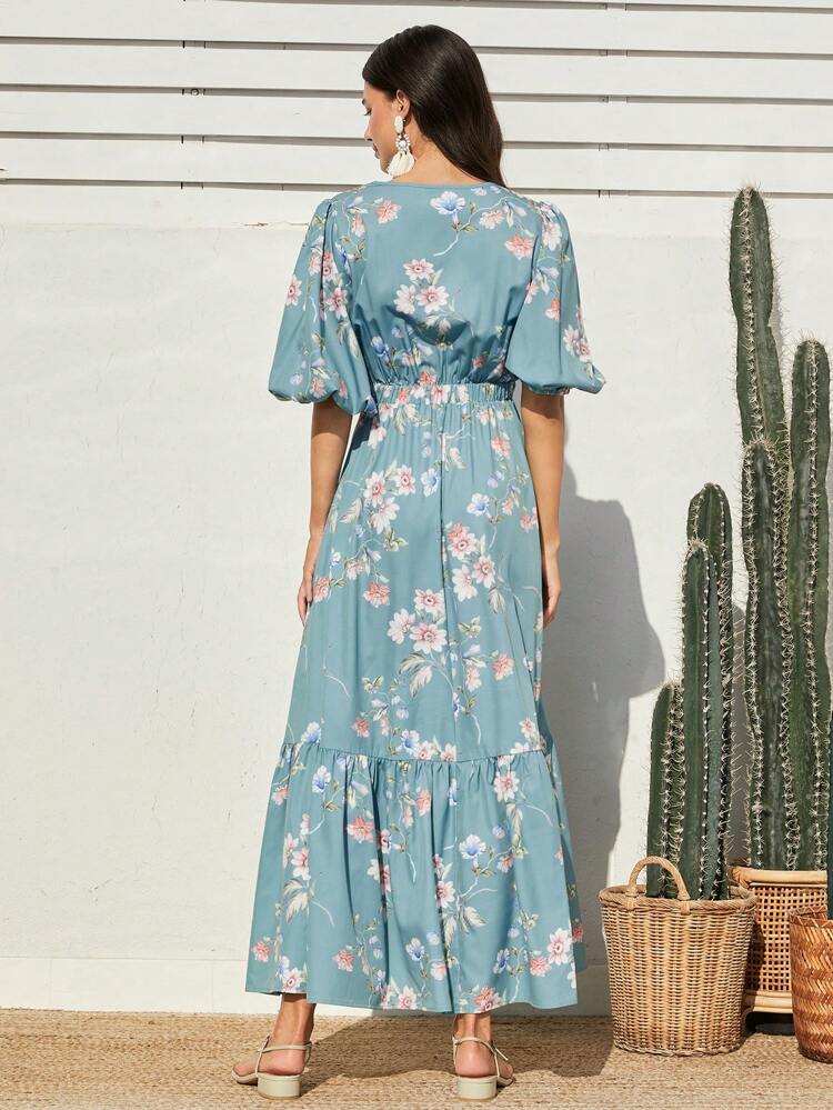 Women'S Floral Print Ruffle Hem Midi Dress