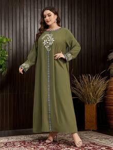 Al Najma Plus Size Women's Arabesque Print Ribbon Splicing Dress - Army Green - View 3