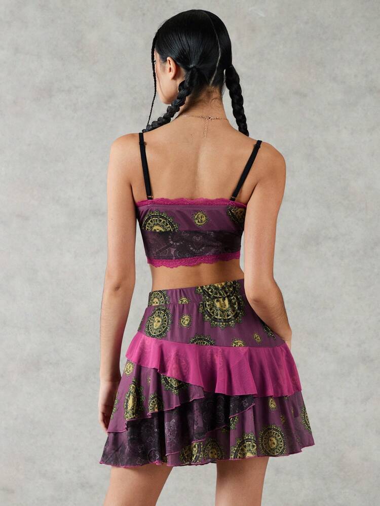 Women's Sun Face Print Patchwork Lace Camisole Vest And Skirt Set