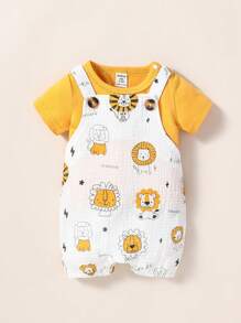 SHEIN 嬰兒男童純色圓領短袖上衣和印有獅子圖案的連體褲 - 彩色 - 查看 1