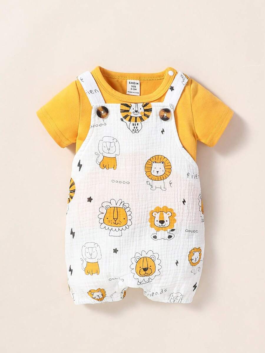 SHEIN 嬰兒男童純色圓領短袖上衣和印有獅子圖案的連體褲 - 彩色 - 查看 1