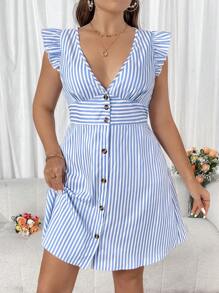 Flirla Damen Große Größen V-Ausschnitt gestreiftes Rüschen Saum Kurzarm Knopfleiste elegantes Arbeitskleid für den Sommer