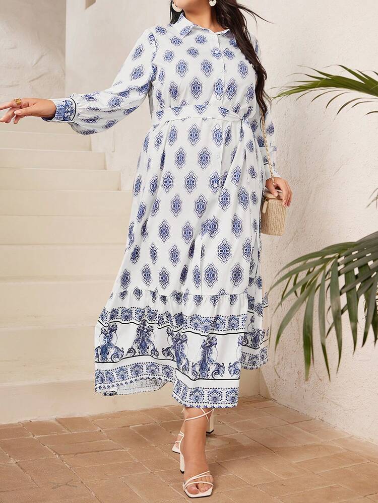 Plus Size Vintage Printed Front Buttoned Dress