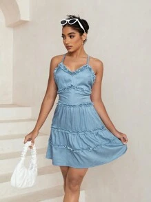 GENKIRA Solid Color Cross Back Halter Neck Frill Hem Midi Dress - Dusty Blue - View 5
