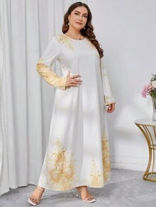 Mulvari Kích thước lớn Lỏng lẻo phù hợp Giải trí In Vòng cổ Đầm - trắng - Xem 6