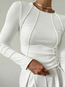 INAWLY Của phụ nữ Tay áo dài Áo thun Với Để lộ ra Đường may - trắng - Xem 4