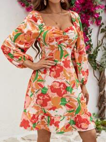 SHEIN VCAY Women's Floral Print Lantern Sleeve Dress With Sweetheart Neck - Multicolor - View 1