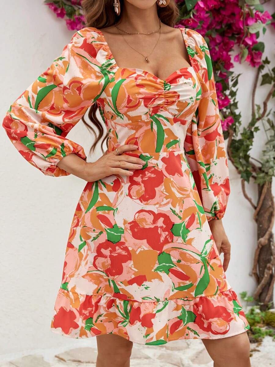 SHEIN VCAY Women's Floral Print Lantern Sleeve Dress With Sweetheart Neck - Multicolor - View 1
