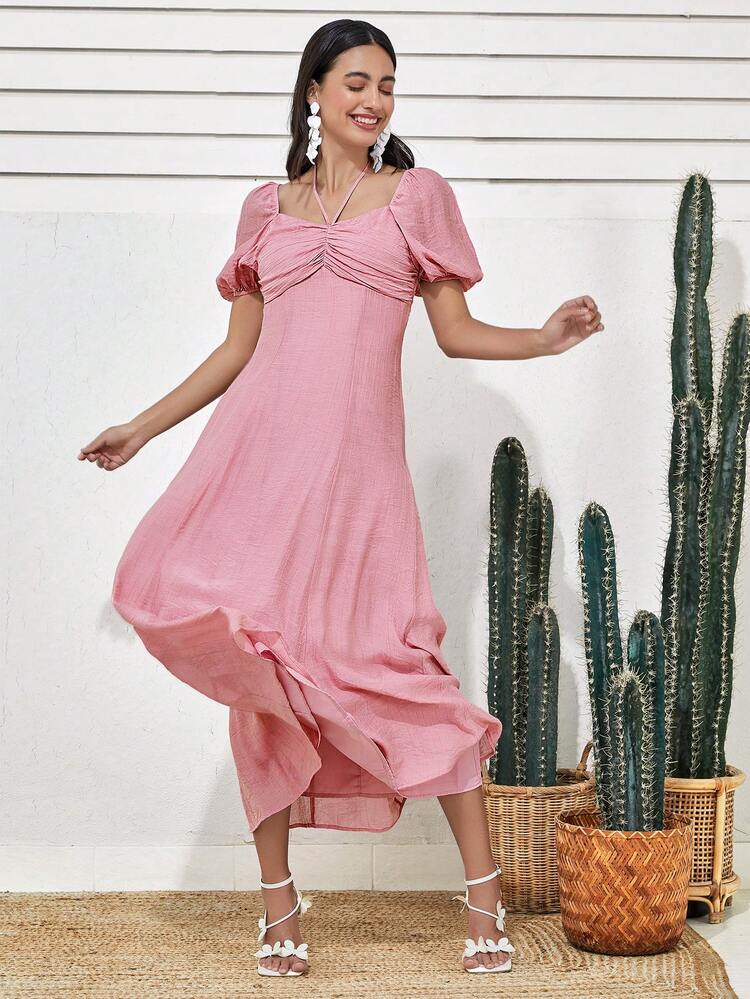 Women'S Puff Sleeve Pleated Bubble Hem Dress