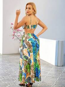 Zolique Loose Animal Print Hollow Out Spaghetti Strap Dress - Blue and White - View 2