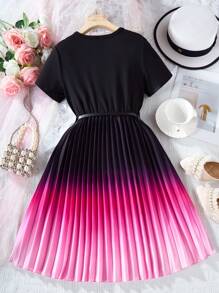 SHEIN Tween Girl Ombre Pleated Hem Dress With PU Belt, Suitable For Daily Wear And Casual Occasions