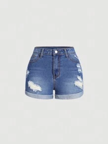 SHEIN Teen Girls' Y2K Spring Summer Boho Ripped Roll Up Hem Denim Shorts, Summer - Medium Wash - View 1