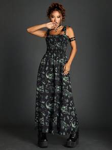 Women's Gothic Vintage Dark Printed Shirred Dress With Twist Knot Shoulder Straps - Multicolor - View 5