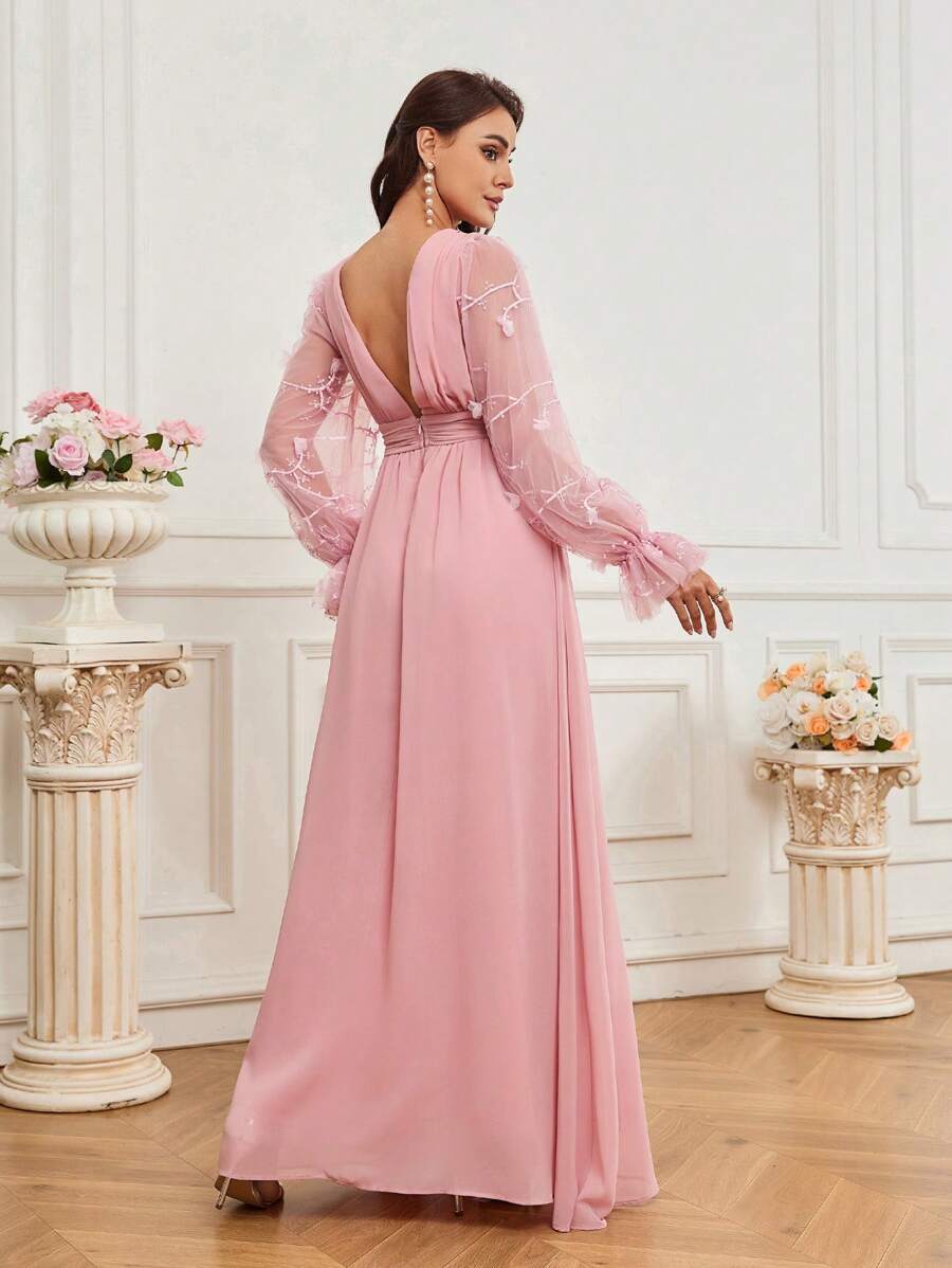 SHEIN Belle 拼接透視網紗高腰開叉新娘晚禮服派對裝 - 藕粉色 - 查看 1