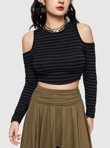 ROMWE Fairycore 條紋圖案挖肩T恤 - 彩色 - 查看 2