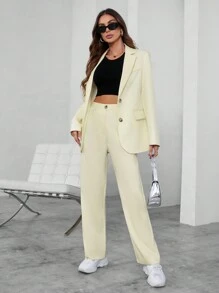 SHEIN BIZwear Màu thuần Thời gian rảnh rỗi Bộ đồ Bộ Với Dài tay Áo khoác Và Quần - Màu be - Xem 4