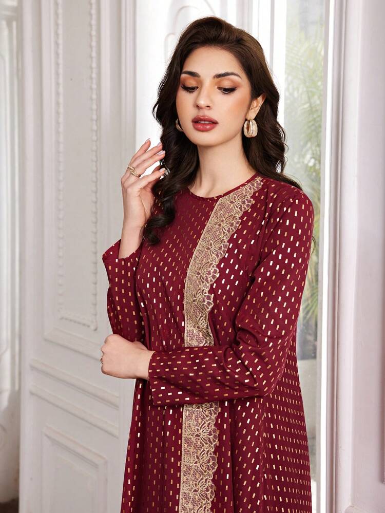 Burgundy Red Women's Arabian Style Gold Foil Printed Dress