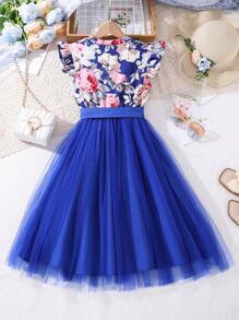 SHEIN 少女花卉印花荷葉邊網眼裙擺連衣裙 - 藍色 - 查看 2