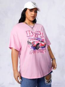 SHEIN EZwear Plus Bikercore Dopamine Dressing Car & Letter Graphic Drop Shoulder Tee - Baby Pink - View 3