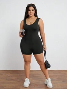 SHEIN Essnce 大碼女士黑色無袖短貼身連身褲，夏季 - 黑色 - 查看 3