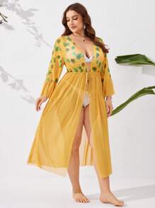 SHEIN VCAY 大尺碼花卉印花拼接波浪袖和束腰泳衣外套 - 彩色 - 查看 1