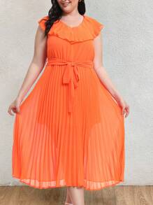 Plus Size Women's V-Neck Belted Pleated Dress With Ruffle Trim - Orange - View 1
