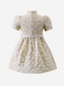 SHEIN Young Girls' Apricot Colored Puff Sleeved Hanfu With Floral Texture