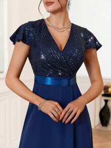 SHEIN Belle Elegant And Gorgeous Sequined Patchwork Dress - Grey - View 7