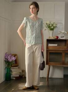 Simple Retro Women's Small Floral Print Button-Down Petal Sleeve Shirt Summer Tops Elegant French Tops - Green - View 8