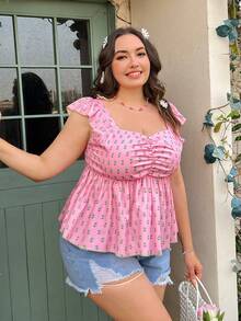 Flirla 大尺碼女用嬌小花卉印花荷葉邊下擺襯衫 - 粉色 - 查看 5