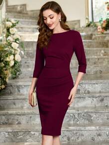 MIUSOL Elegant Women's Ruched Zip Back Split Hem Bodycon Dress, Slim Fit Business Casual Outfit, Perfect For Office, Wedding Guest, Homecoming, Church And Birthday Party - 酒紅色 - 查看 4