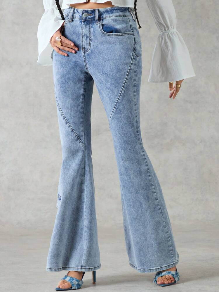 Jeans With Slanted Pockets & Flared Legs, Casual Style