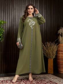 Al Najma Plus Size Women's Arabesque Print Ribbon Splicing Dress - Army Green - View 4