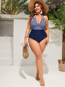 Swim Lushoire Plus Size Striped Halterneck Monokini With V-Neck, Beach Outfit Bathing Suit Summer,Summer Beach - Navy Blue - View 3