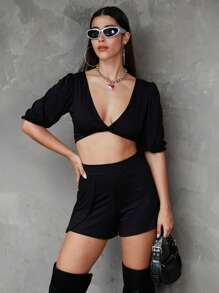 Conjunto De Top Y Shorts Con Escote En V Y Manga 3/4 Con Lazo En La Parte Trasera Para Mujer - Negro - Ver 6