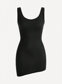 SHAPORA فستان بدني بأكمام بدون اكتاف ورقبة مربعة بلون سادة للنساء - الأسود - مشاهدة 1