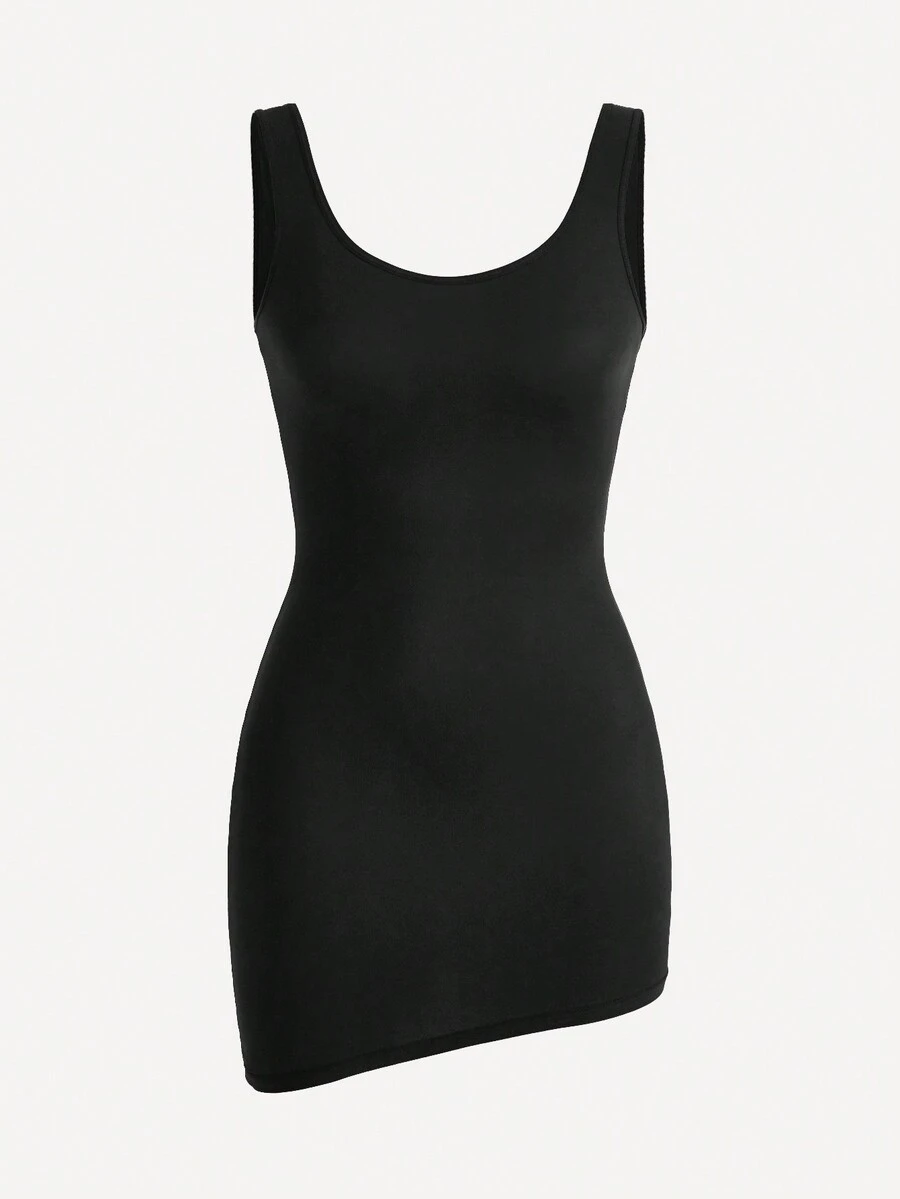 SHAPORA فستان بدني بأكمام بدون اكتاف ورقبة مربعة بلون سادة للنساء - الأسود - مشاهدة 1